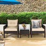 3 Pcs Outdoor Patio Rattan Conversation Set with Seat Cushions-Beige - Color: Beige