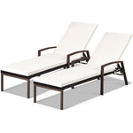 2 Pcs Patio Rattan Adjustable Back Lounge Chair with Armrest and Removable Cushions-White - Color: White