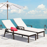 2 Pcs Patio Rattan Adjustable Back Lounge Chair with Armrest and Removable Cushions-White - Color: White
